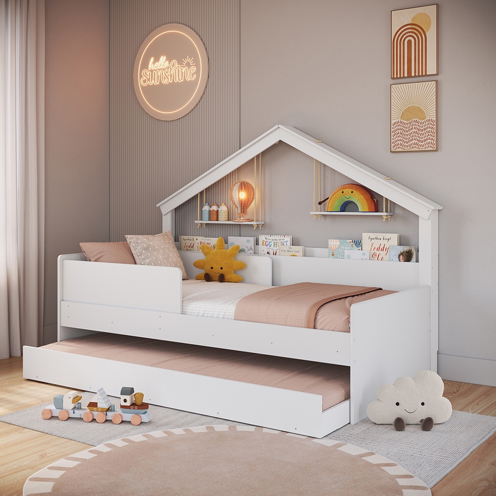 Cama Infantil Moldura Casinha para Colchão 0,88 x 1,88 cor Branca com Cama Auxiliar