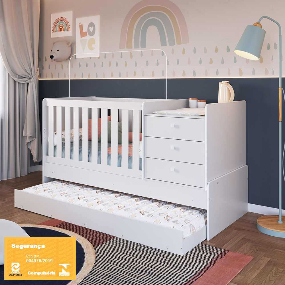 Berço Cama Multifuncional com Auxiliar Branco