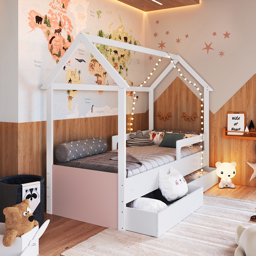 Cama Infantil Montessoriana com Gavetões Inferiores cor Branco com Rosa