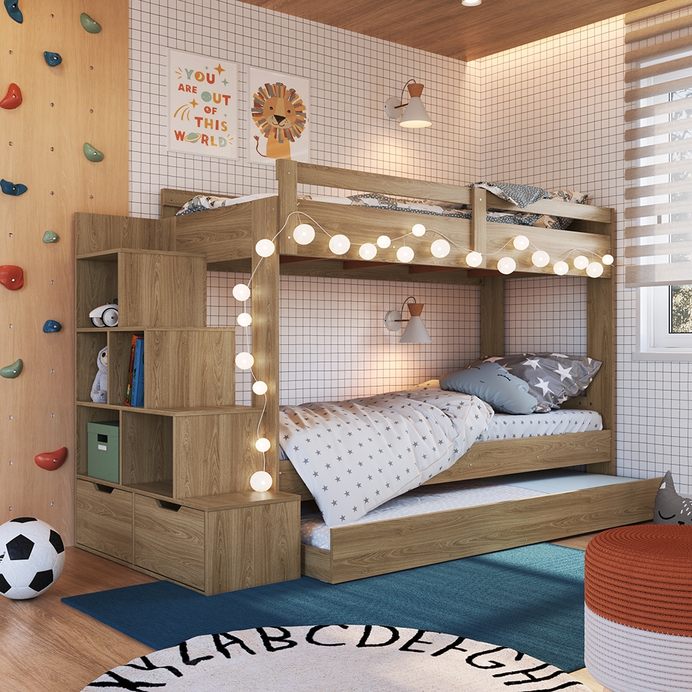 Treliche Infantil com Escada, Nichos, Gavetas Laterais e Cama Auxiliar cor Aveiro OAK