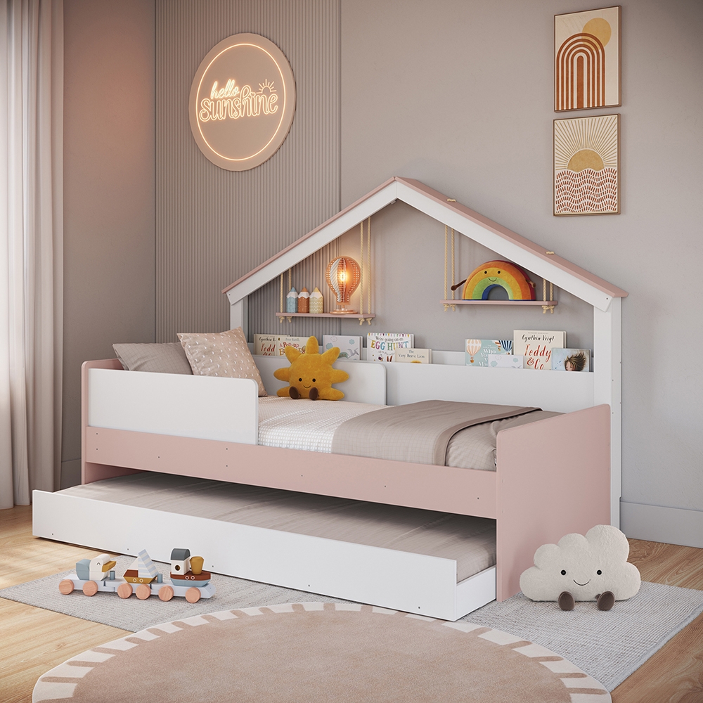 Cama Infantil Moldura Casinha para Colchão 0,88 x 1,88 cor Branca com Rosa com Cama Auxiliar