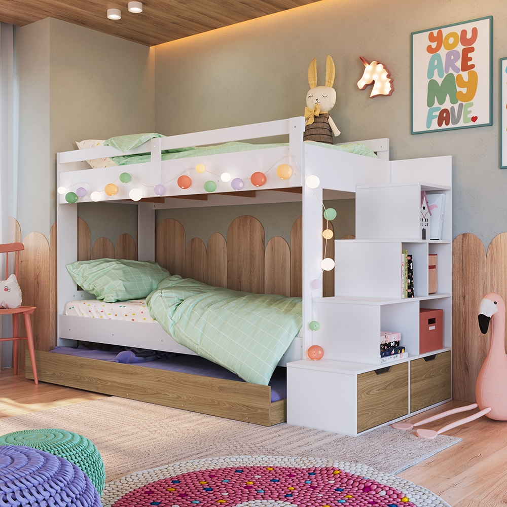 Treliche Infantil com Escada, Nichos, Gavetas Laterais e Cama Auxiliar cor Branco com Aveiro OAK