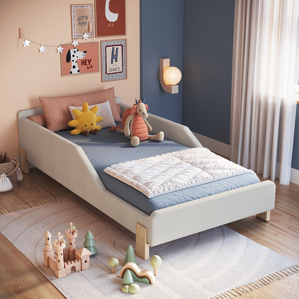 Cama Infantil Estofada de Solteiro cor Bege Linha Sentir