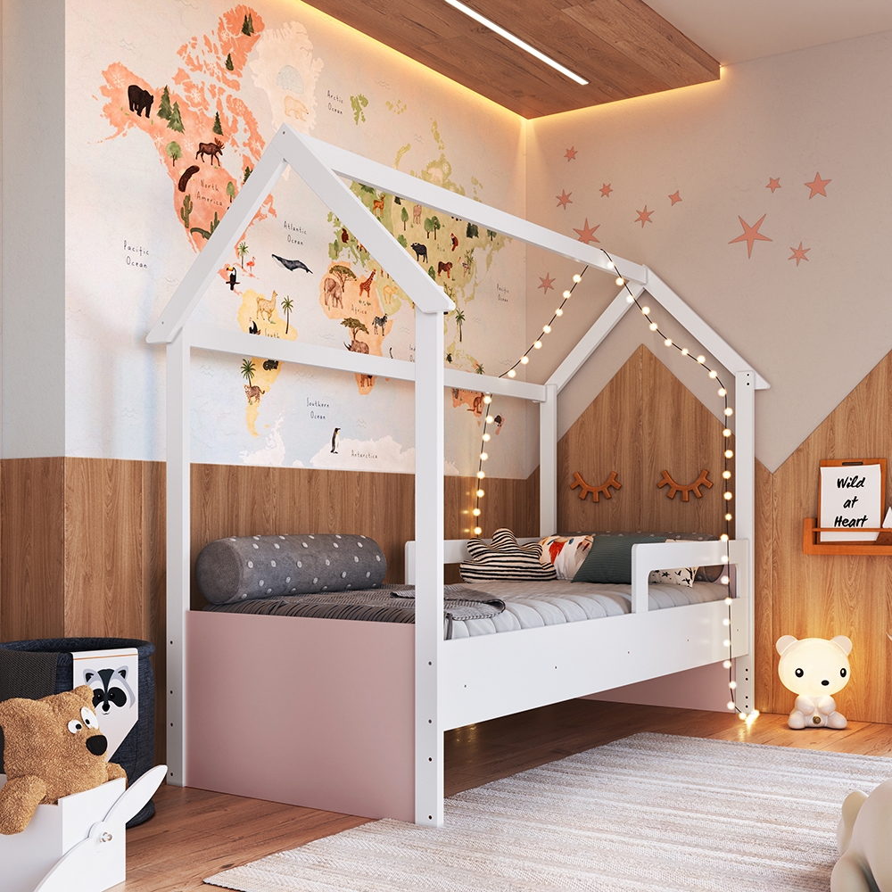Cama Infantil Montessoriana cor Branco com Rosa
