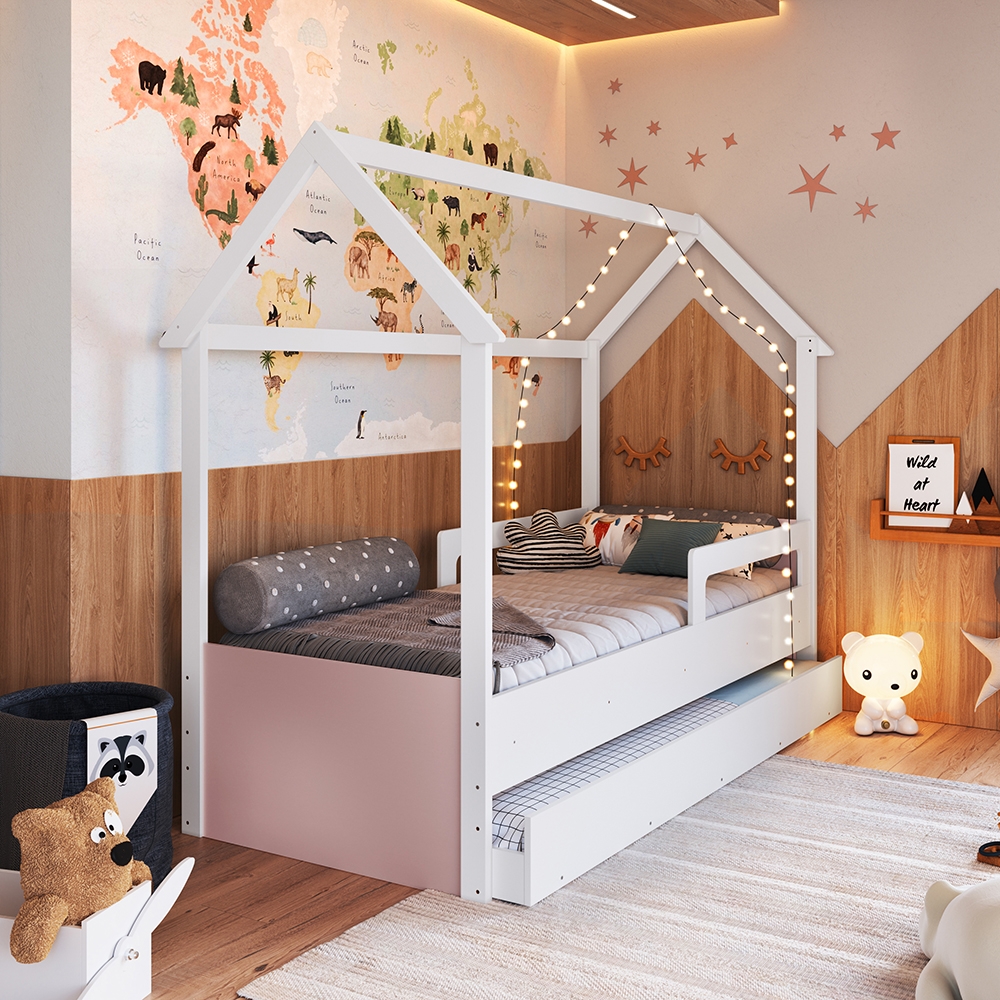 Cama Infantil Montessoriana com Cama Auxiliar cor Branco com Rosa