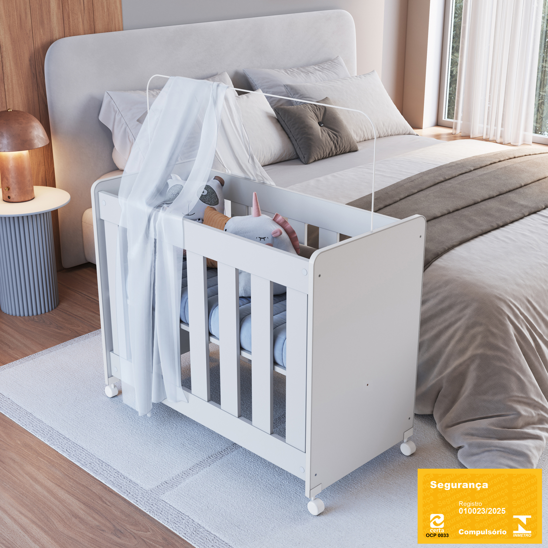 Mini Berço Evolutivo 4 em 1 cor Branco com colchão incluso.