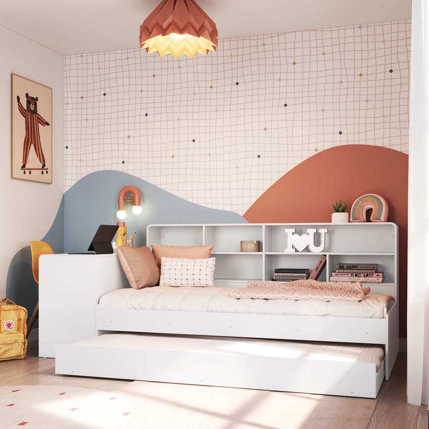 Cama Infanto Juvenil com Escrivaninha e Estante + Cama Auxiliar cor Branco