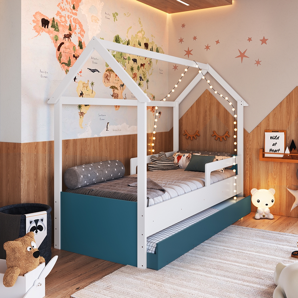 Cama Infantil Montessoriana com Cama Auxiliar cor Branco com Azul Secreto