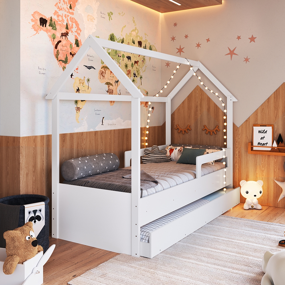 Cama Infantil Montessoriana com Cama Auxiliar cor Branco