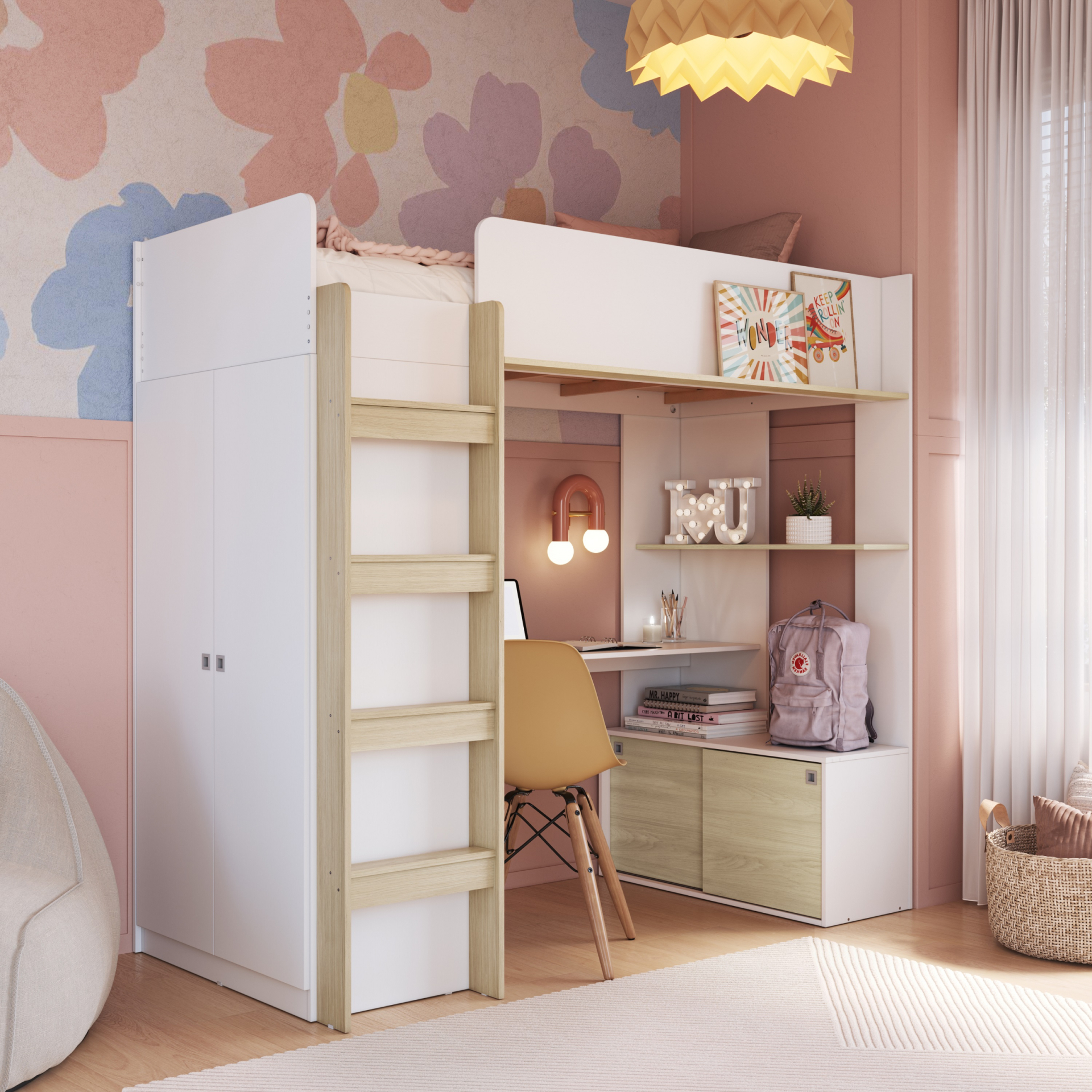 Cama Elevada Multifuncional com Armário e Escrivaninha