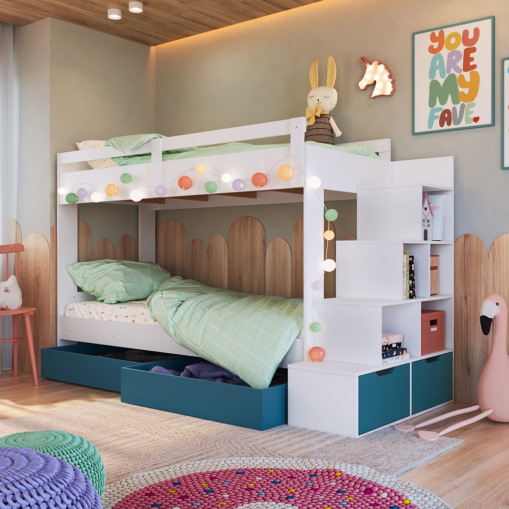Beliche Infantil com Escada, Nichos, Gavetas Laterais e Gavetões Inferiores cor Branco com Azul Secreto