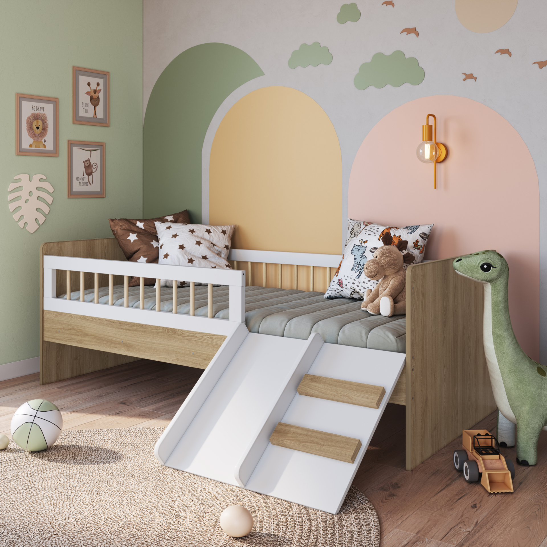 Cama Montessoriana de Solteiro com Escada e Escorrega Linha Affetto cor Aveiro OAK com Branco