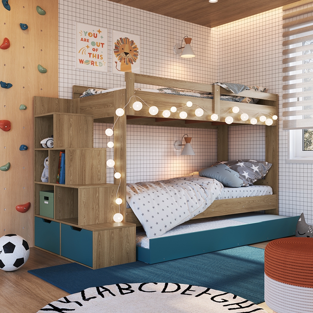 Treliche Infantil com Escada, Nichos, Gavetas Laterais e Cama Auxiliar cor Aveiro OAK com Azul Secreto