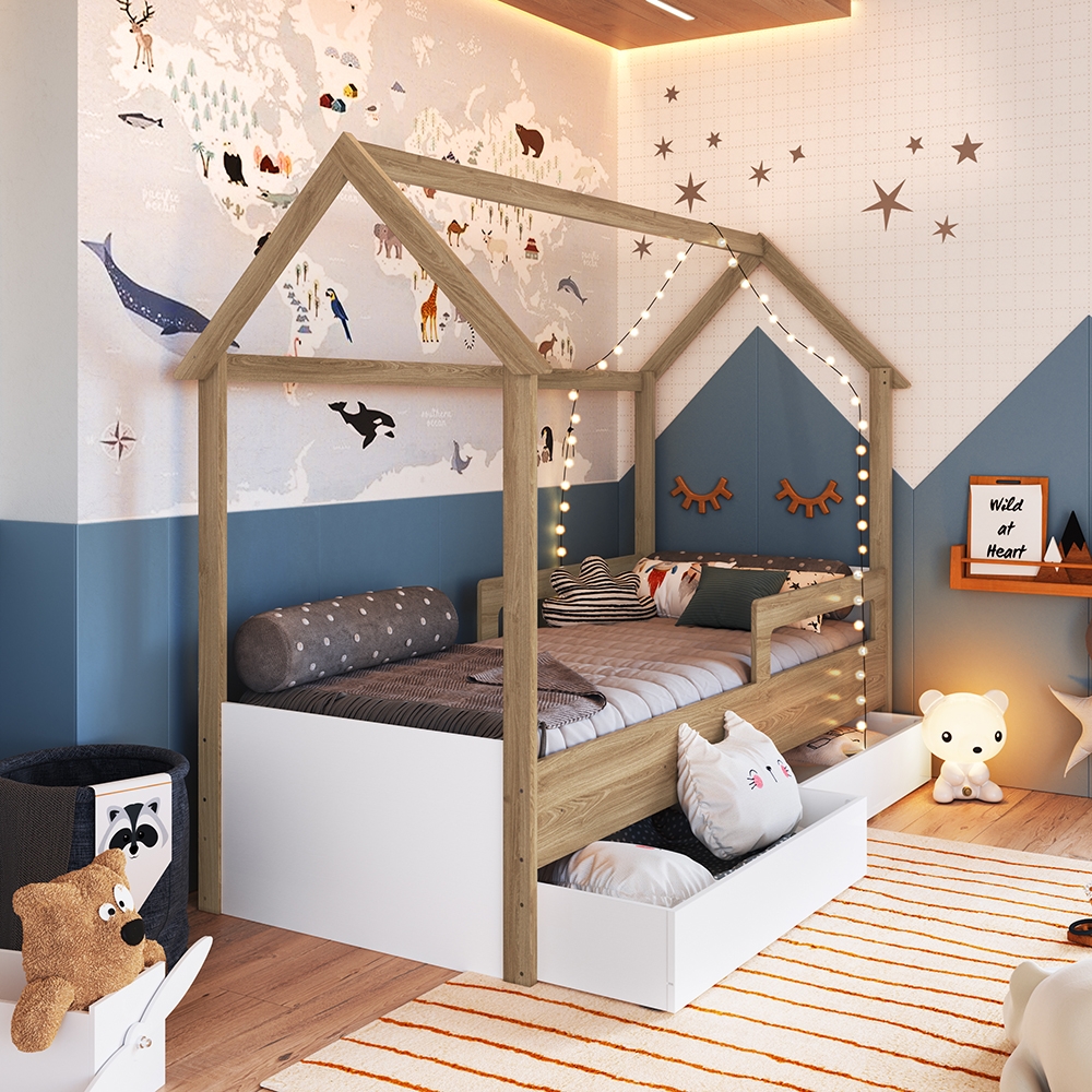 Cama Infantil Montessoriana com Gavetões Inferiores cor Aveiro OAK com Branco
