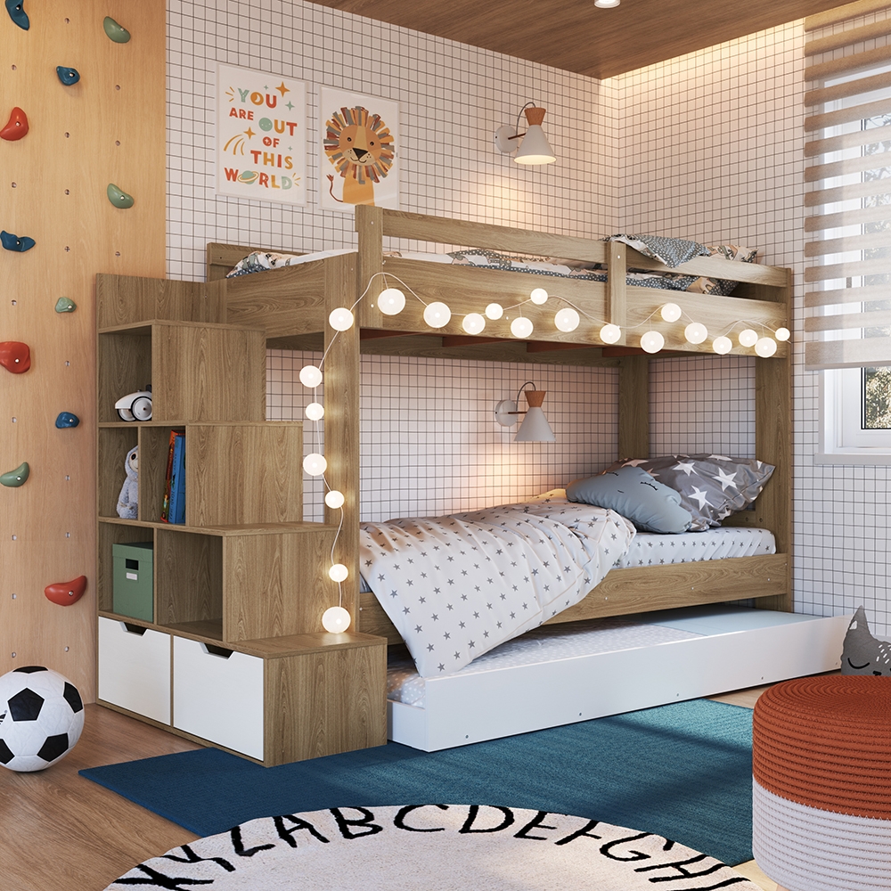 Treliche Infantil com Escada, Nichos, Gavetas Laterais e Cama Auxiliar cor Aveiro OAK com Branco