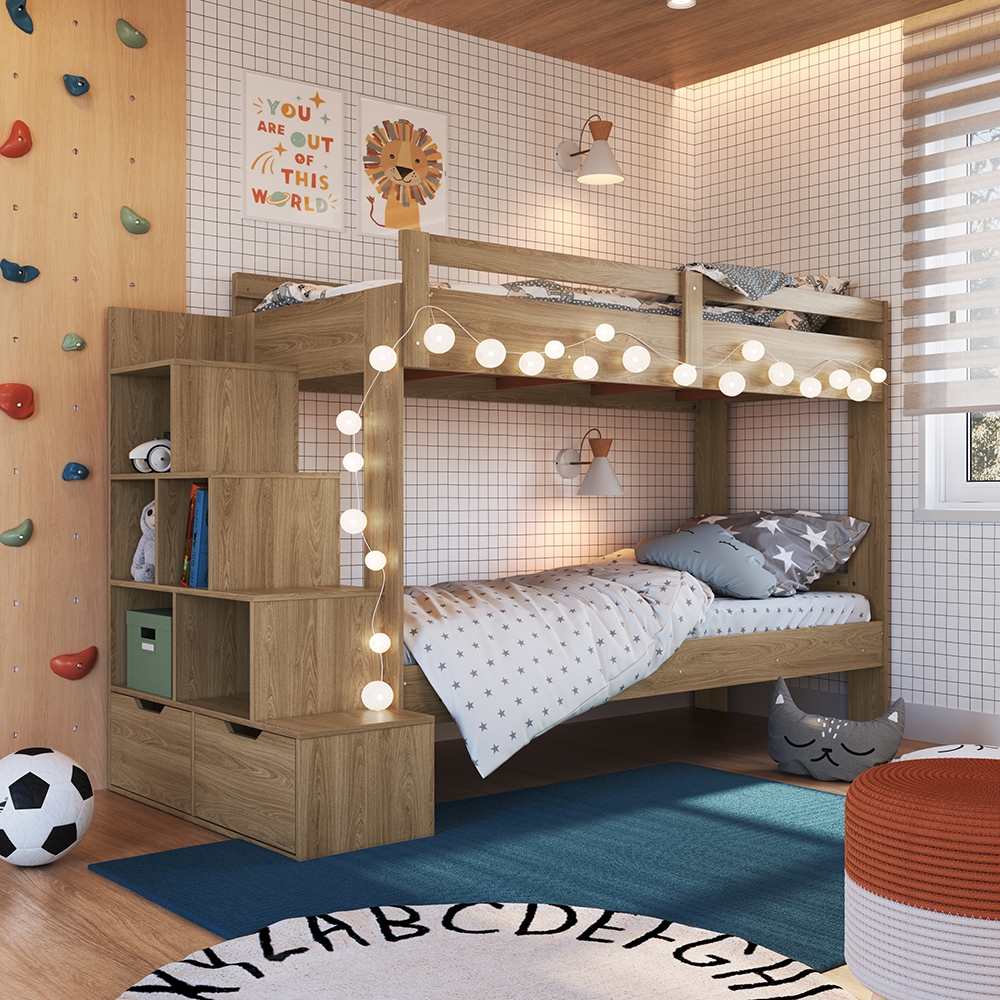 Beliche Infantil com Escada, Nichos e Gavetas cor Aveiro OAK