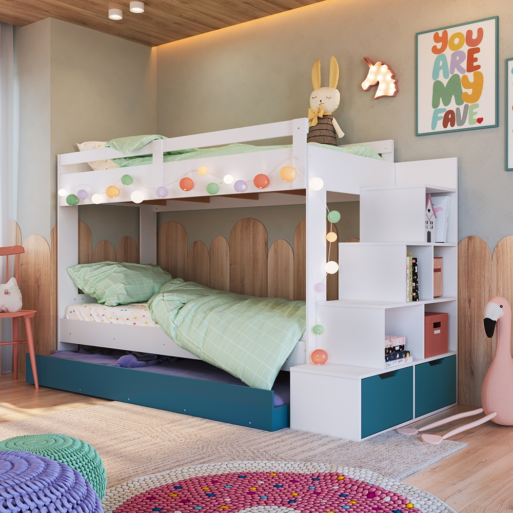 Treliche Infantil com Escada, Nichos, Gavetas Laterais e Cama Auxiliar cor Branco com Azul Secreto