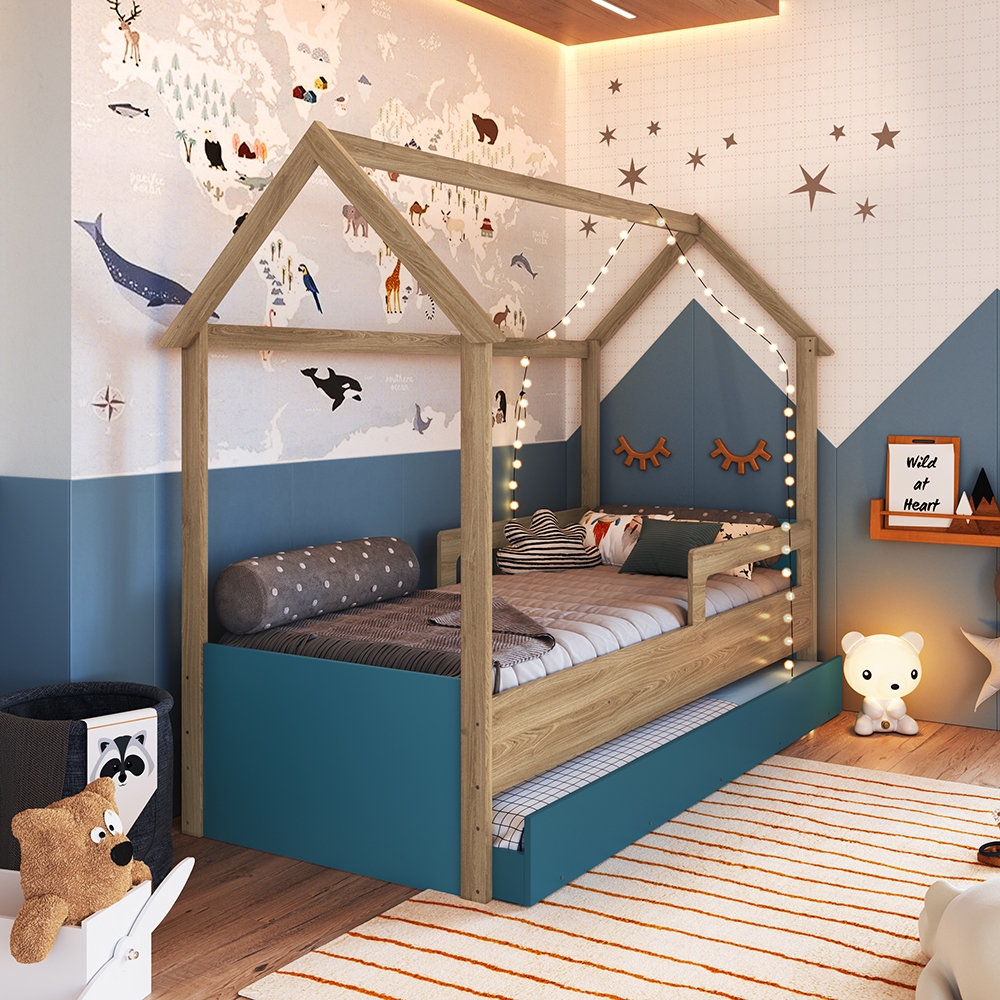 Cama Infantil Montessoriana com Cama Auxiliar cor Aveiro OAK com Azul Secreto