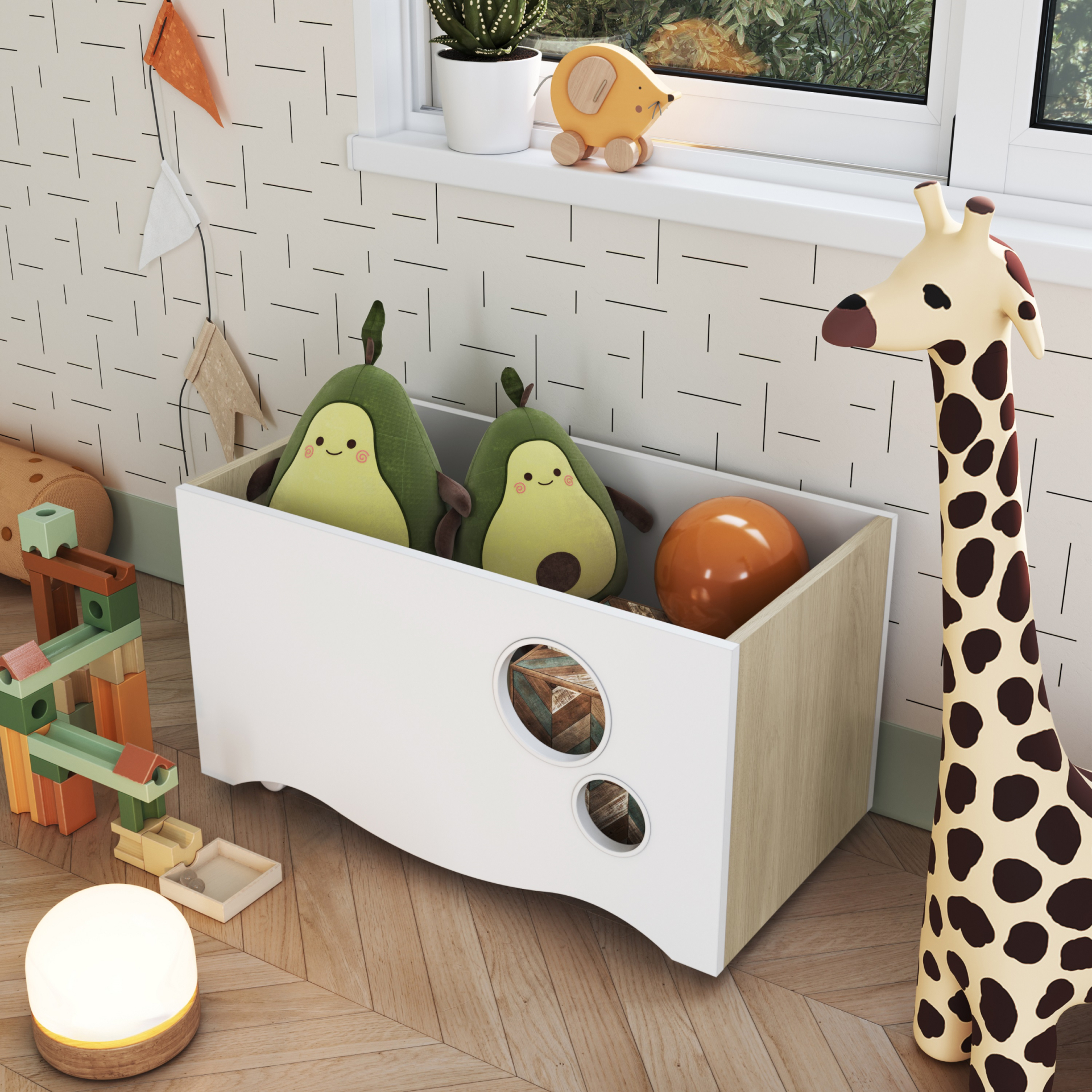 Caixa de Brinquedos com Rodízios Linha Encanto cor Carvalho Araguaia com Branco