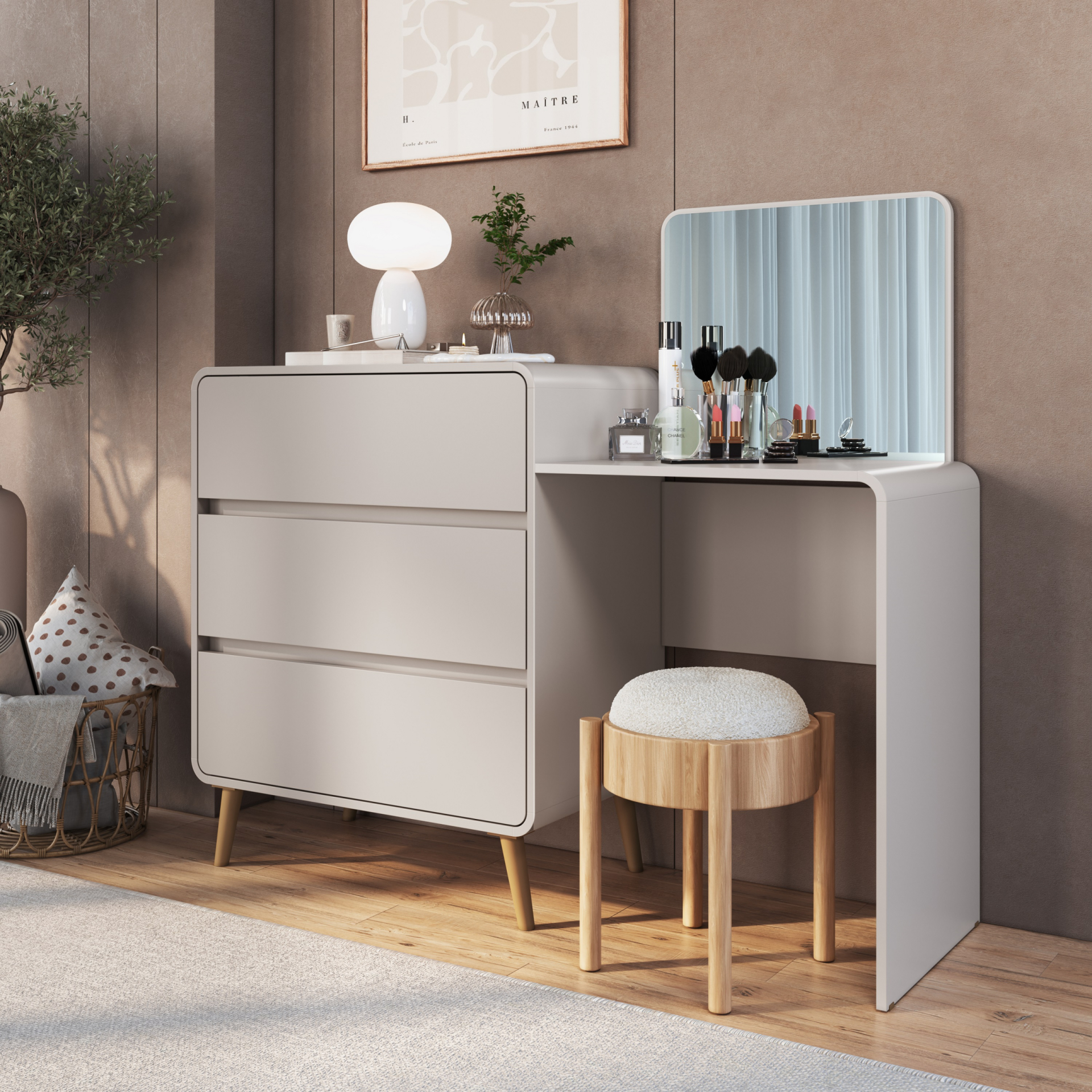 Cômoda Penteadeira com 03 Gavetas Linha Curve cor Bege Dunas