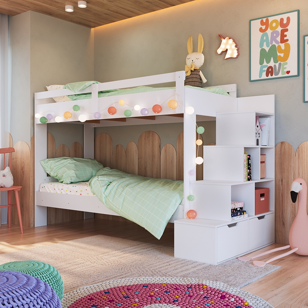 Beliche Infantil com Escada, Nichos e Gavetas cor Branco