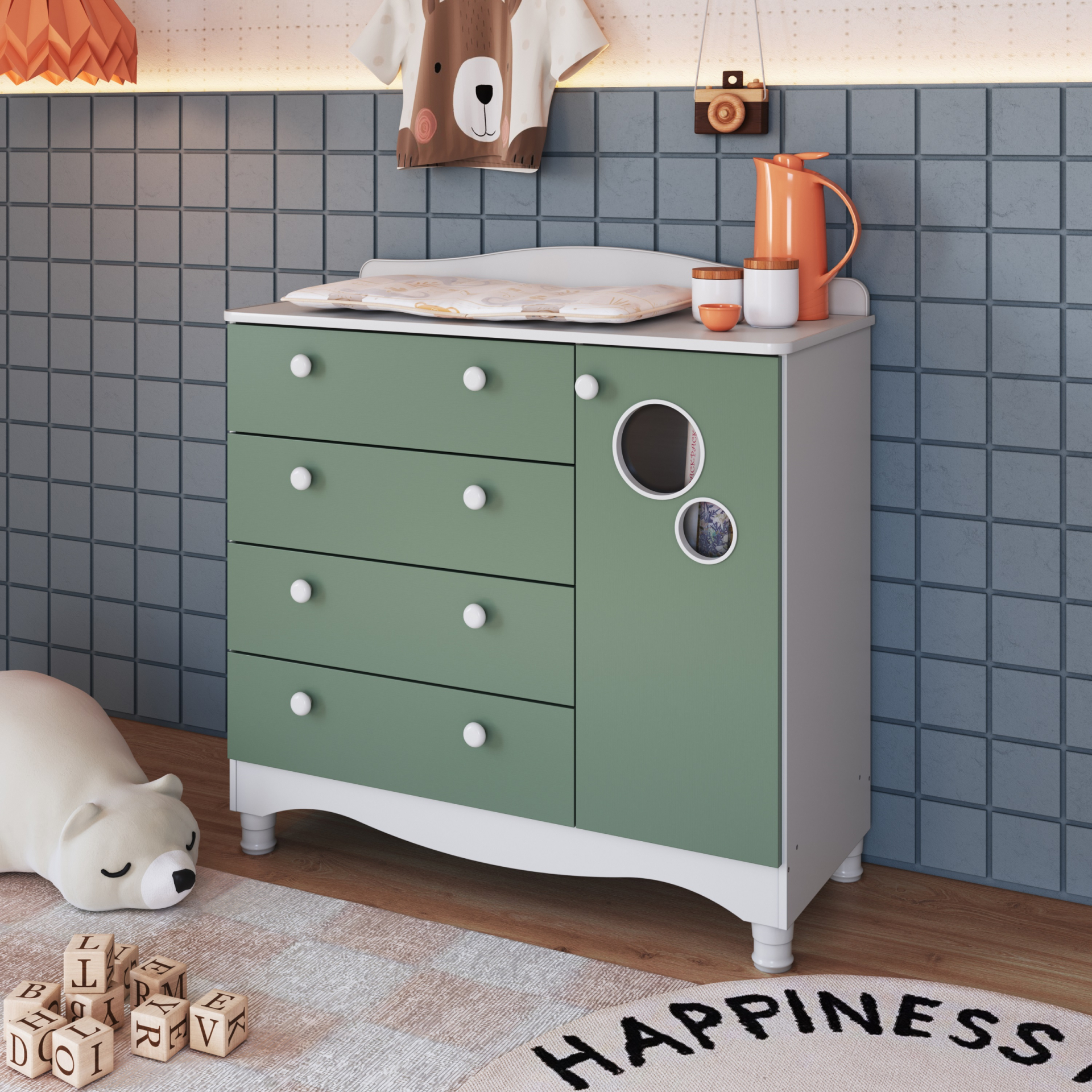 Cômoda Infantil 4 Gavetas e 1 Porta Linha Encanto cor Branco com Verde