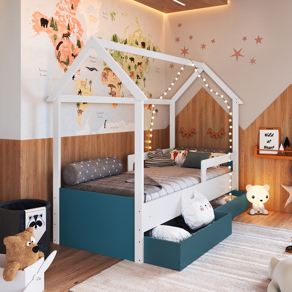 Cama Infantil Montessoriana com Gavetões Inferiores cor Branco com Azul Secreto