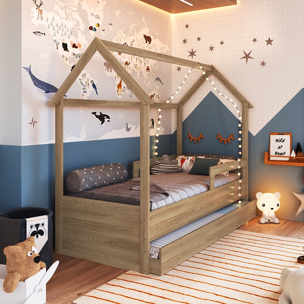 Cama Infantil Montessoriana com Cama Auxiliar cor Aveiro OAK