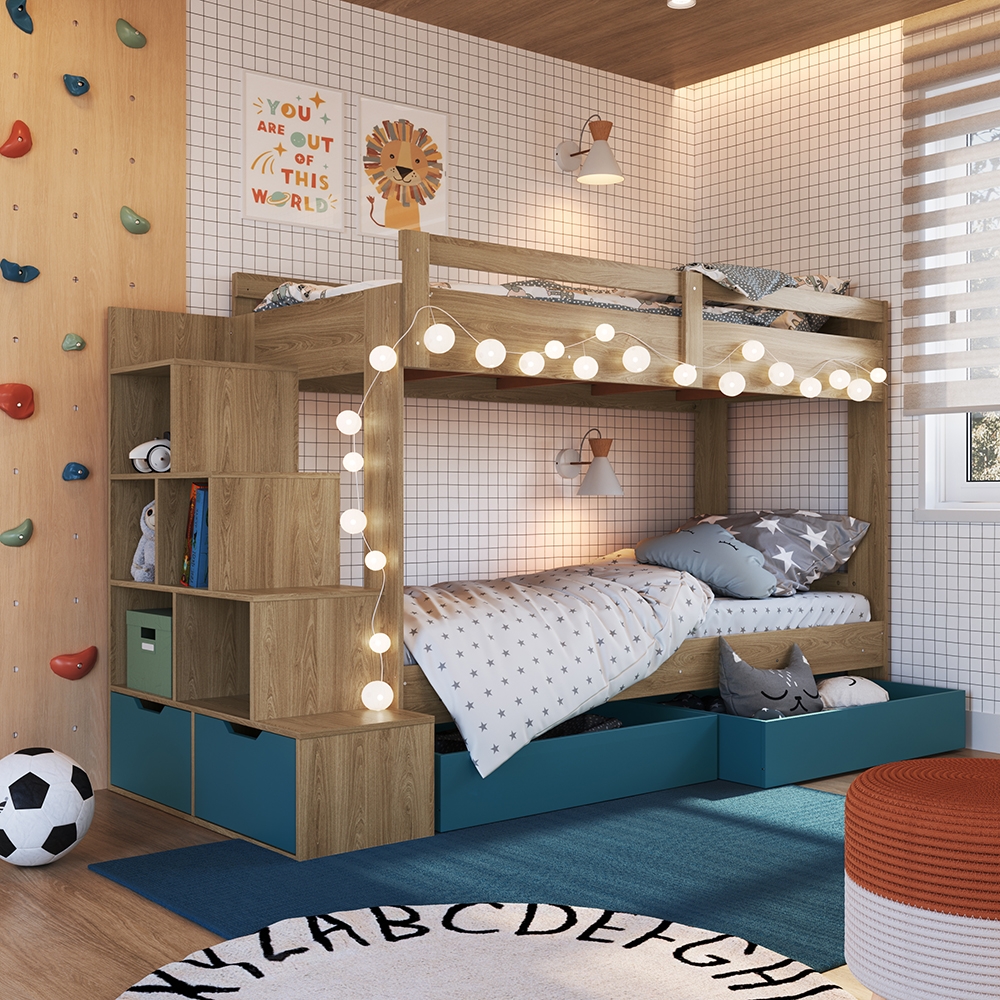 Beliche Infantil com Escada, Nichos, Gavetas Laterais e Gavetões Inferiores cor Aveiro OAK com Azul Secreto