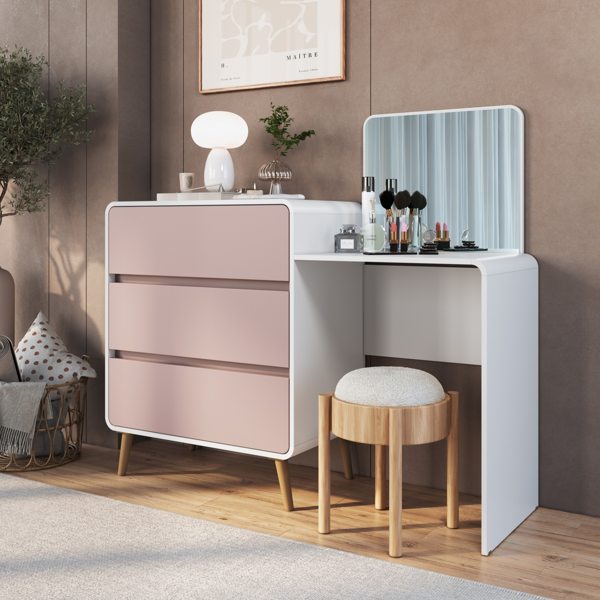 Cômoda Penteadeira com 03 Gavetas Linha Curve cor Branco com Rosa Milkshake