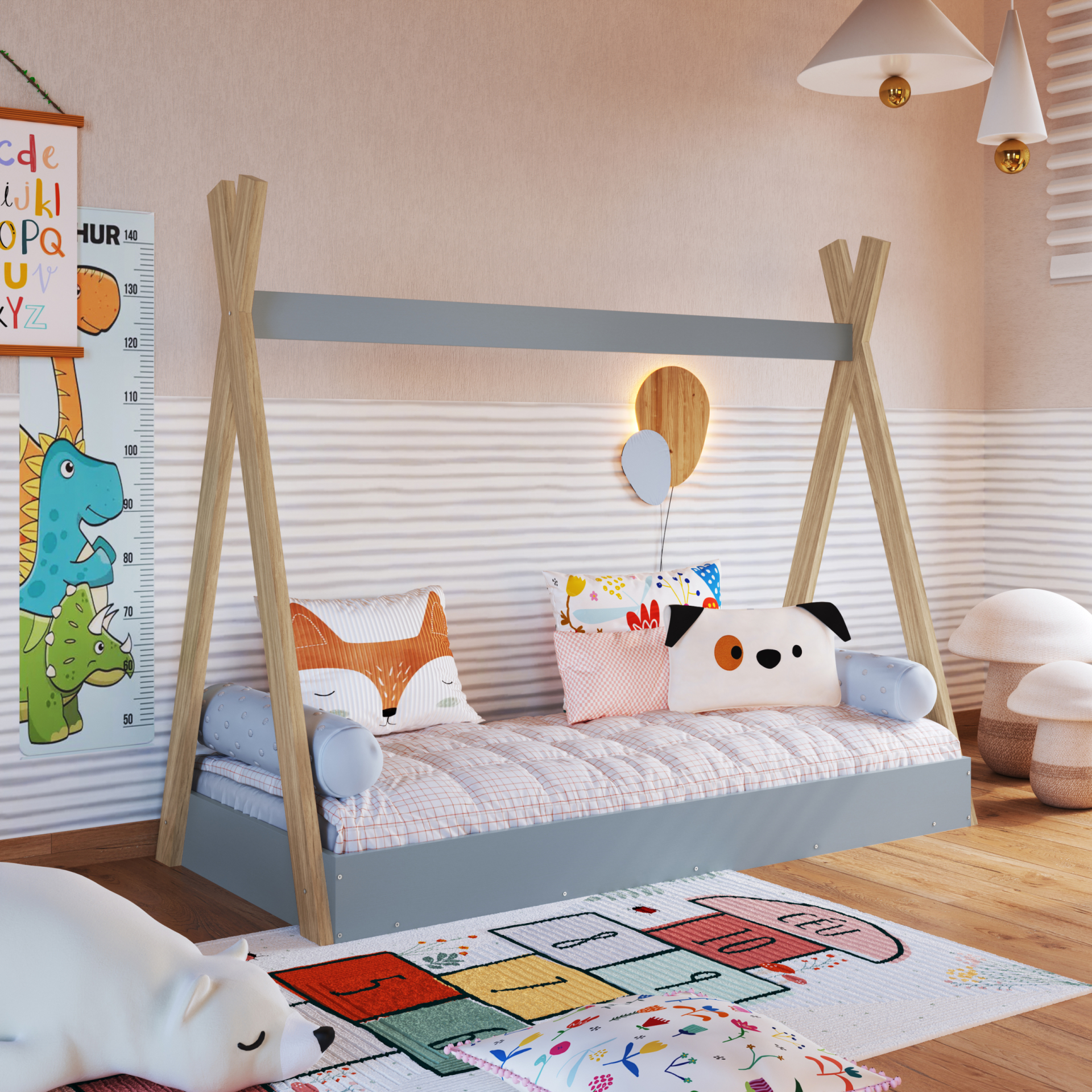 Cama Cabana de Solteiro cor Itapuã com Azul com Colchão