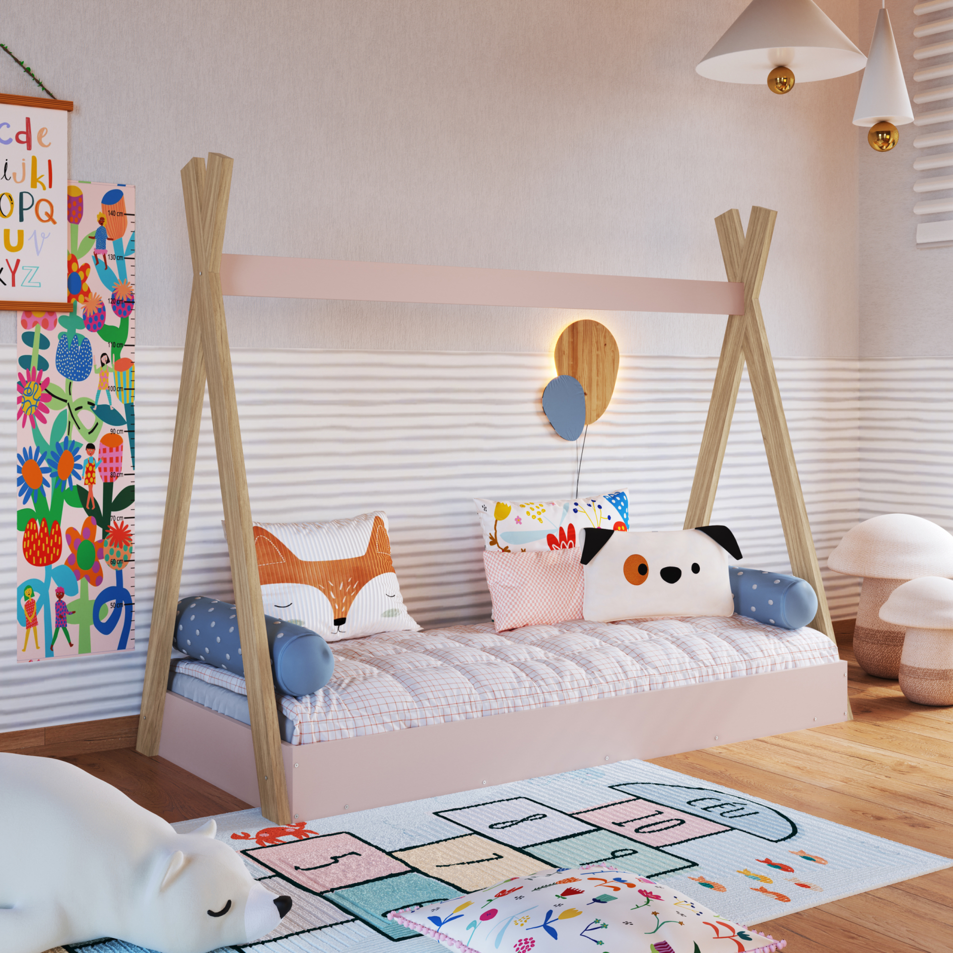 Cama Cabana de Solteiro cor Itapuã com Rosa com Colchão