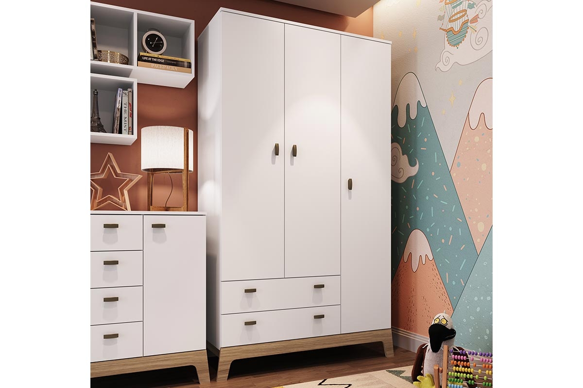 Guarda Roupas Infantil 03 Portas e 02 Gavetas Branco Linha Favo de Mel