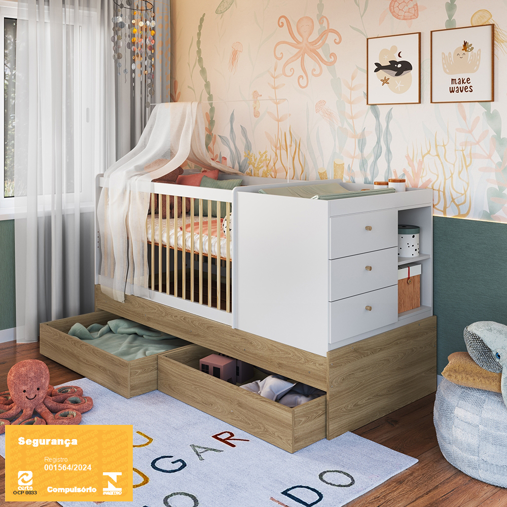 Berço Cama Multifuncional com Gavetões cor Aveiro OAK com Branco