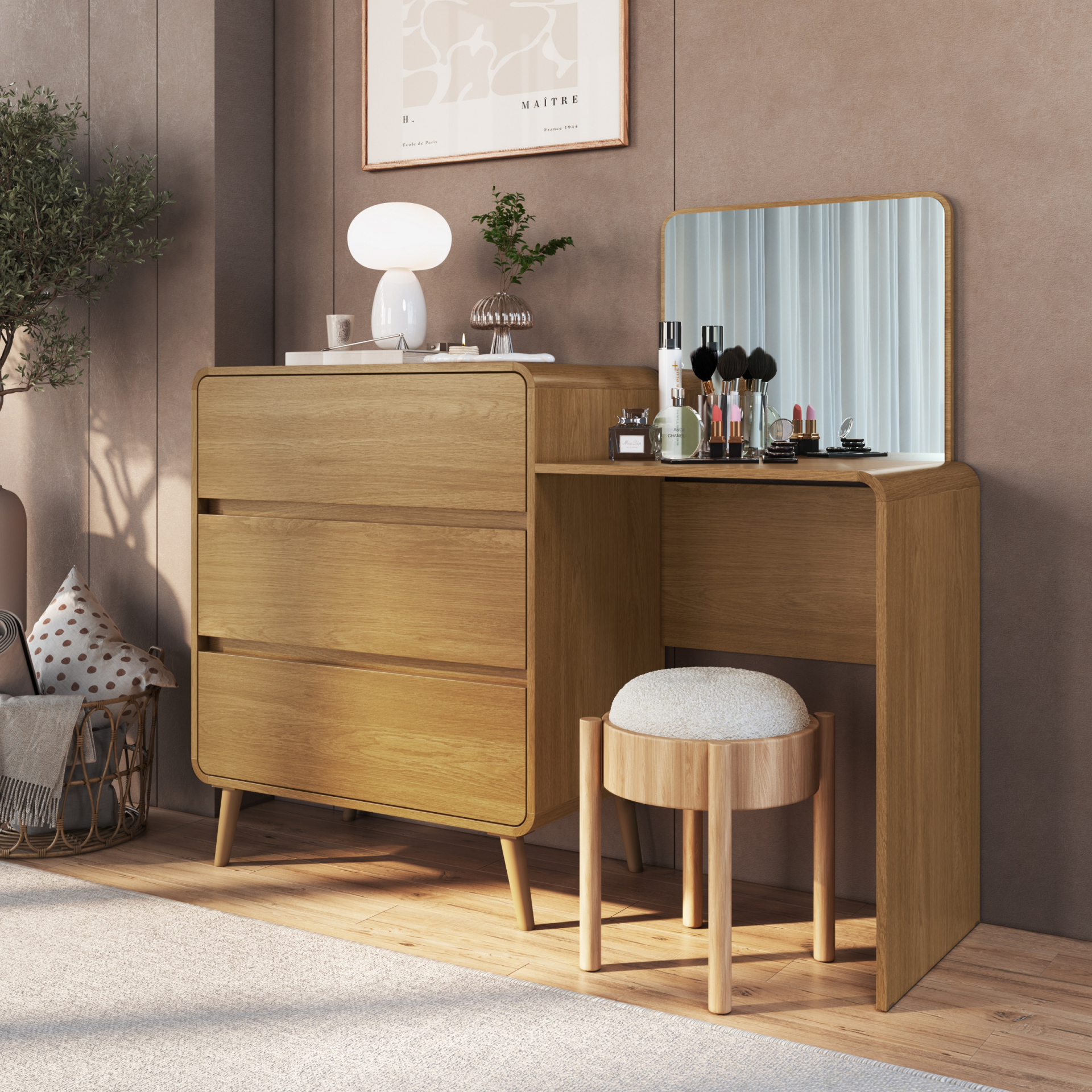 Cômoda Penteadeira com 03 Gavetas Linha Curve cor Carvalho Xingu