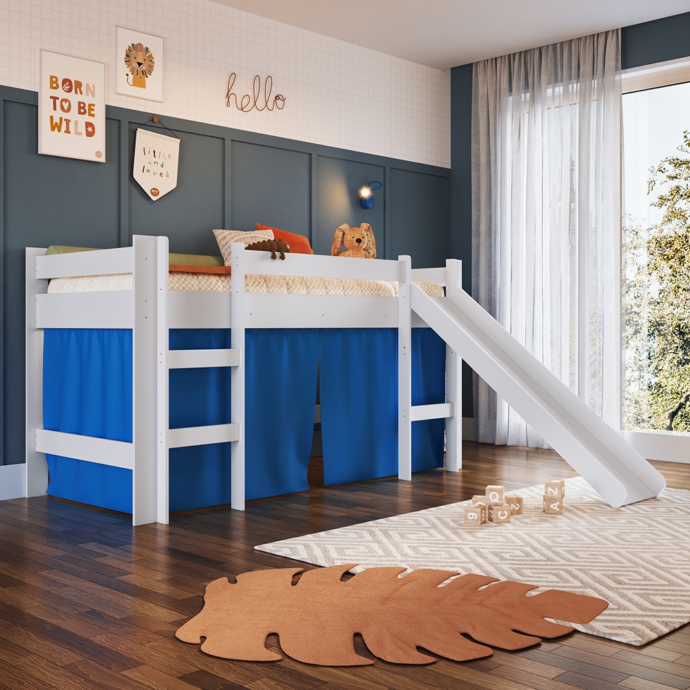 Cama Elevada com Escorregador Branco com Cortina Azul