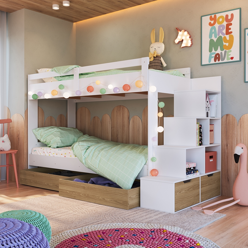 Beliche Infantil com Escada, Nichos, Gavetas Laterais e Gavetões Inferiores cor Branco com Aveiro OAK