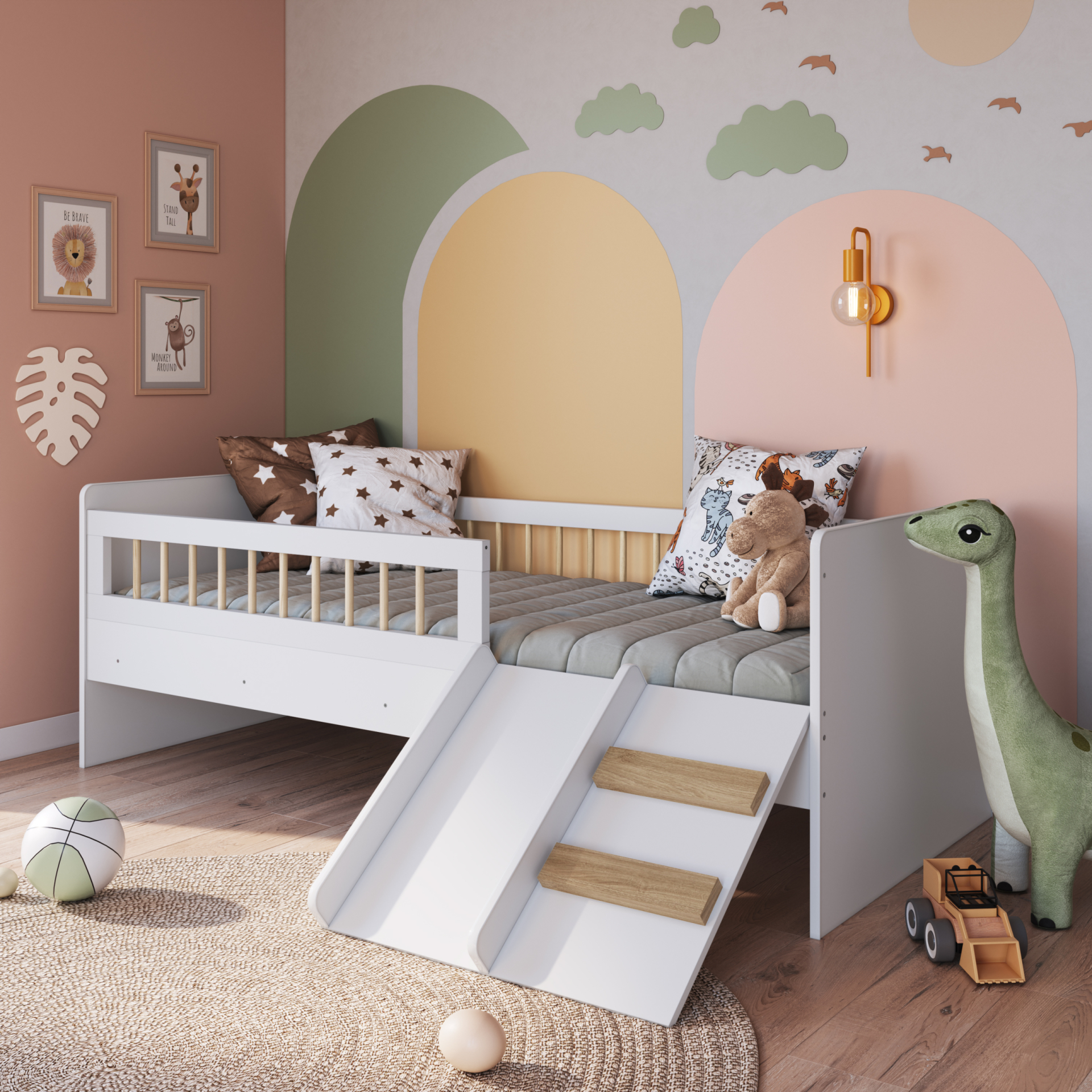 Cama Montessoriana de Solteiro com Escada e Escorrega Linha Affetto cor Branco