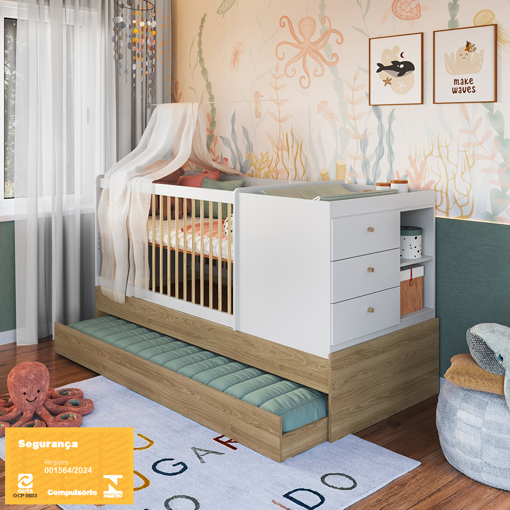 Berço Cama Multifuncional com Auxiliar cor Aveiro OAK com Branco
