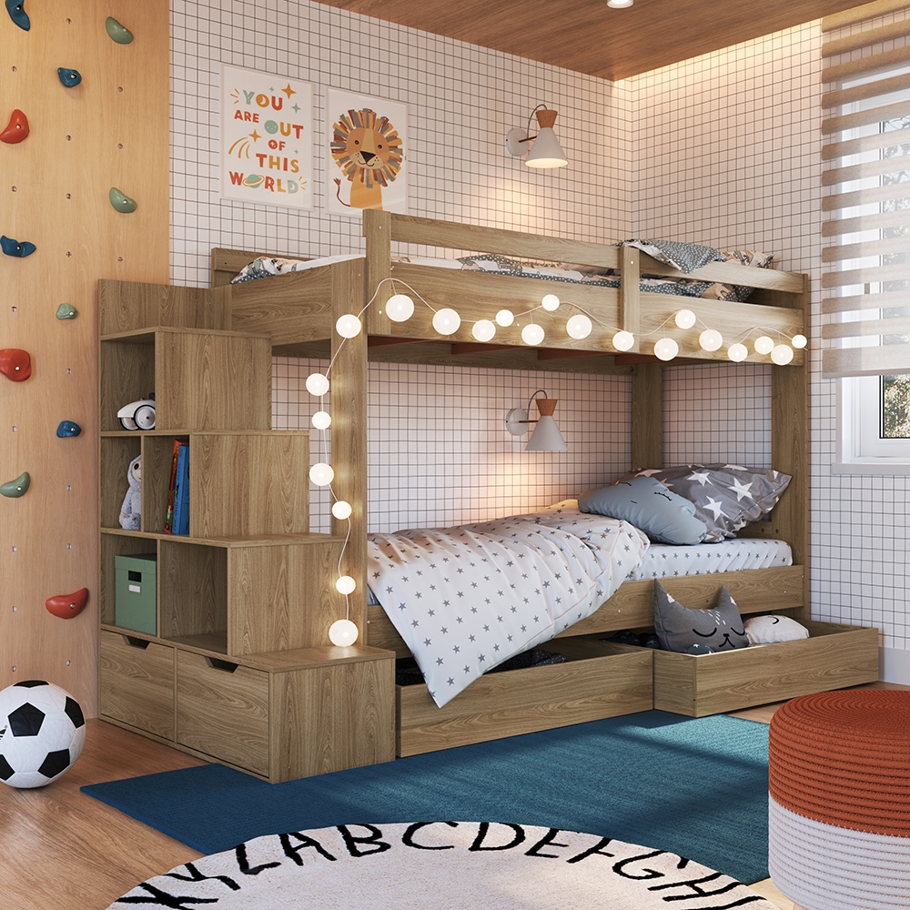 Beliche Infantil com Escada, Nichos, Gavetas Laterais e Gavetões Inferiores cor Aveiro OAK
