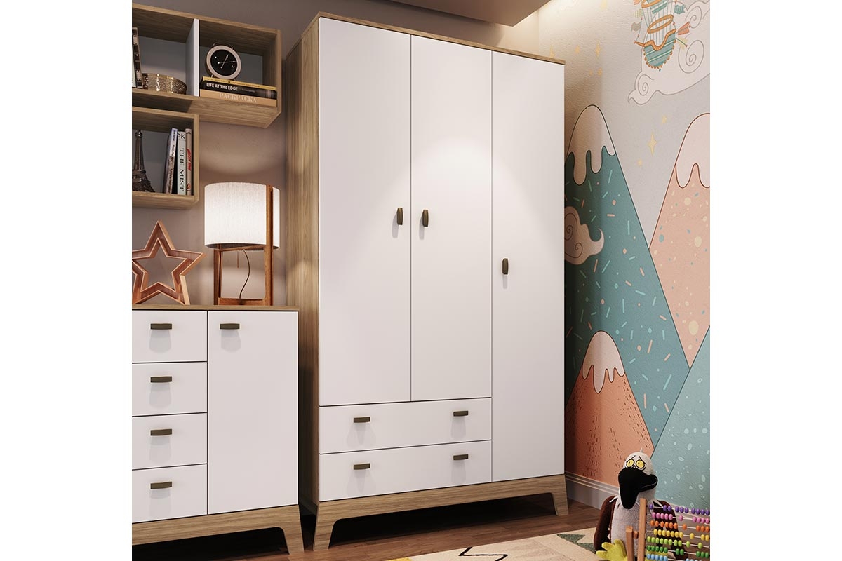 Guarda Roupas Infantil 03 Portas e 02 Gavetas Itapuã com Branco Linha Favo de Mel