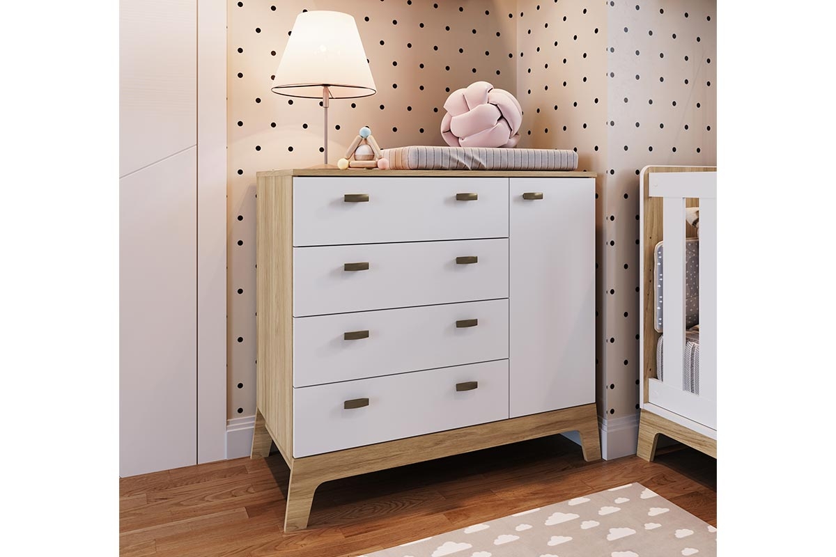 Cômoda Infantil 4 Gavetas e 1 Porta Linha Favo de Mel Itapuã com Branco