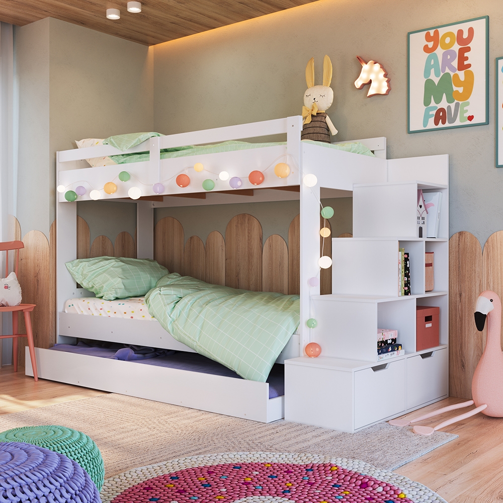 Treliche Infantil com Escada, Nichos, Gavetas Laterais e Cama Auxiliar cor Branco