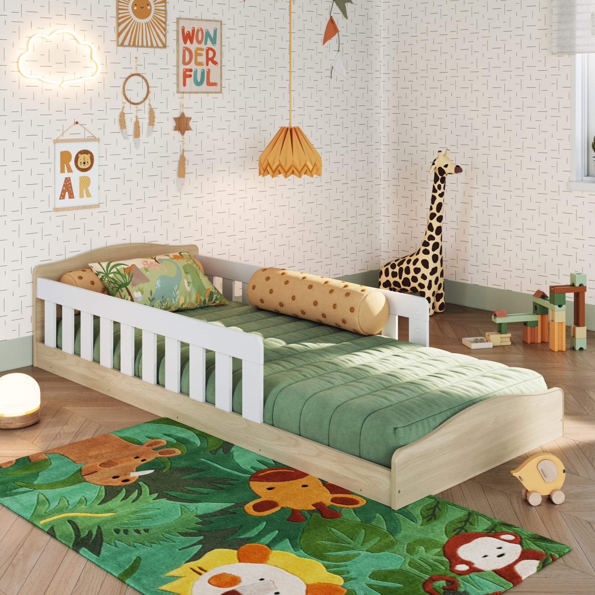 Cama de Chão Montessoriana de Solteiro Linha Encanto cor Carvalho Araguaia com Branco