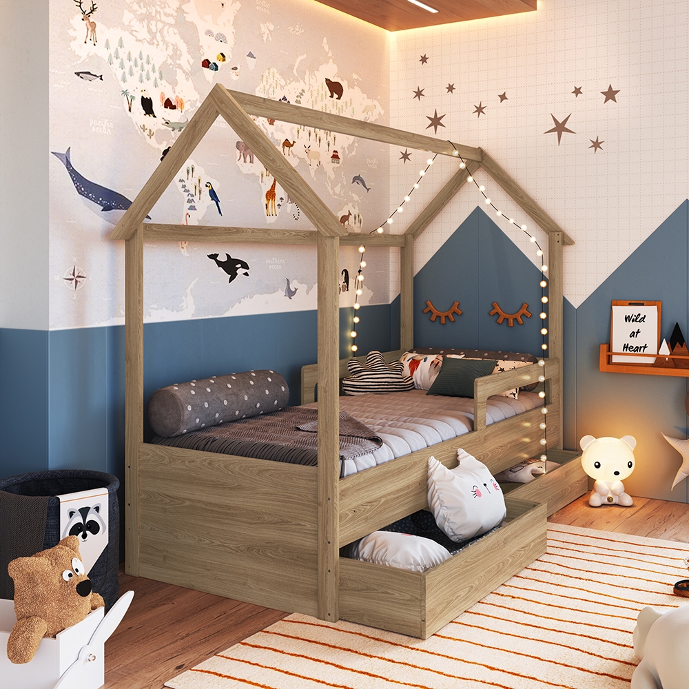 Cama Infantil Montessoriana com Gavetões Inferiores cor Aveiro OAK