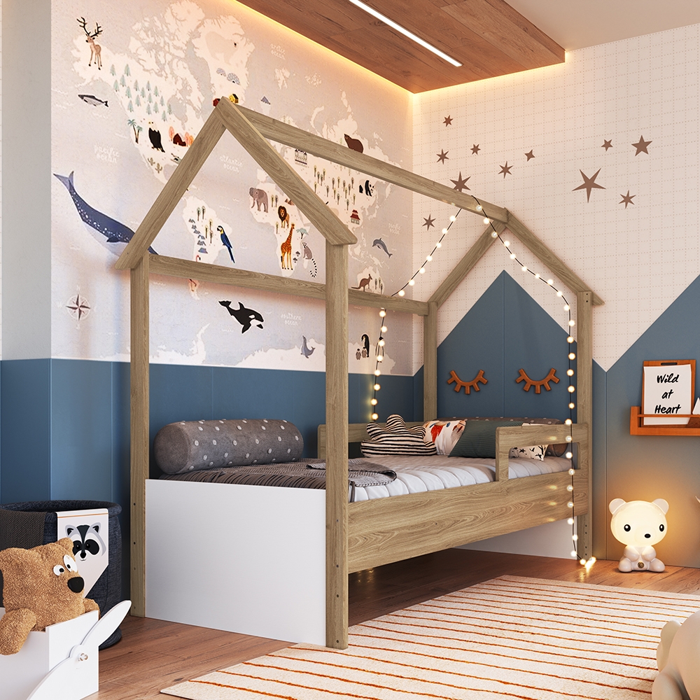 Cama Infantil Montessoriana cor Aveiro OAK com Branco