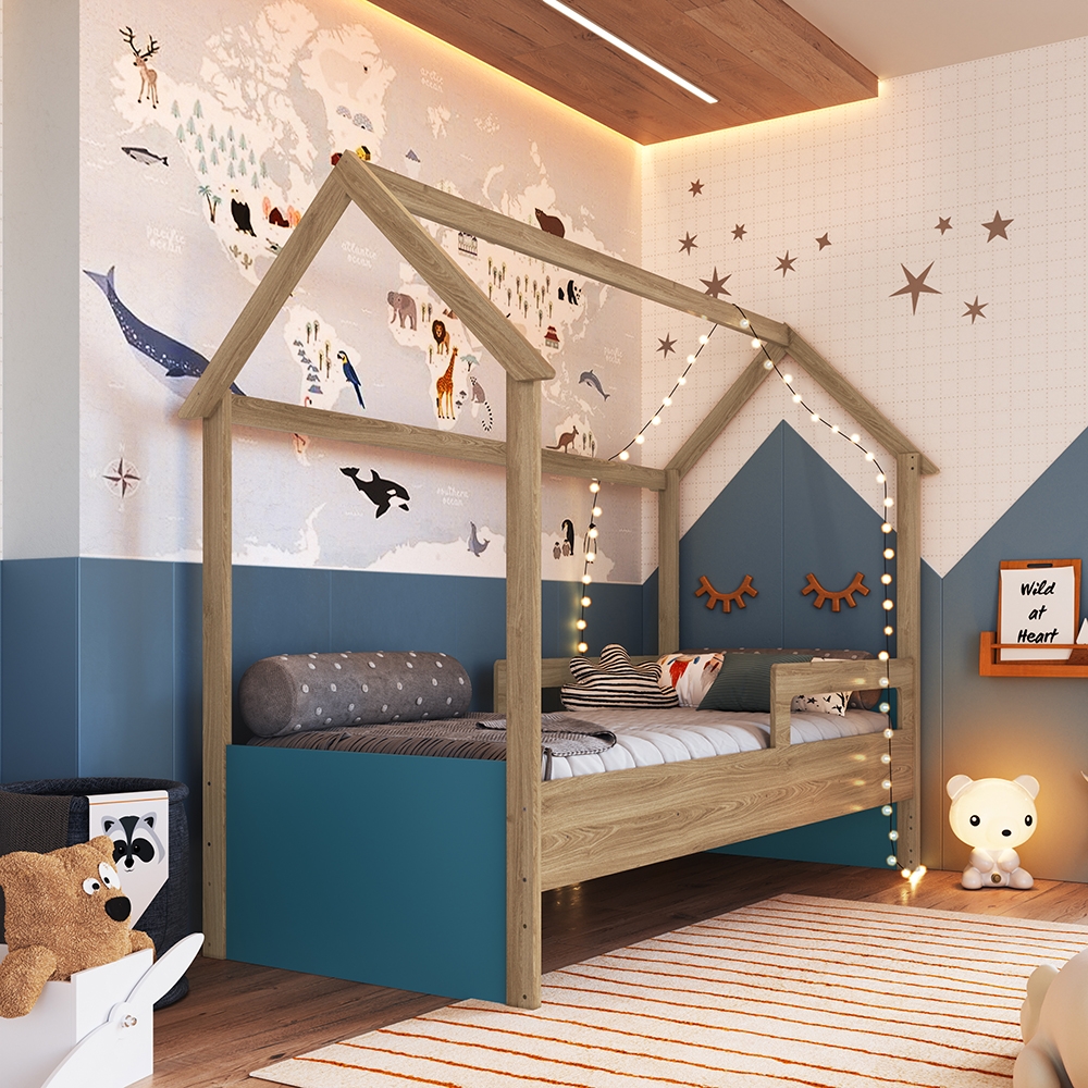Cama Infantil Montessoriana cor Aveiro OAK com Azul Secreto