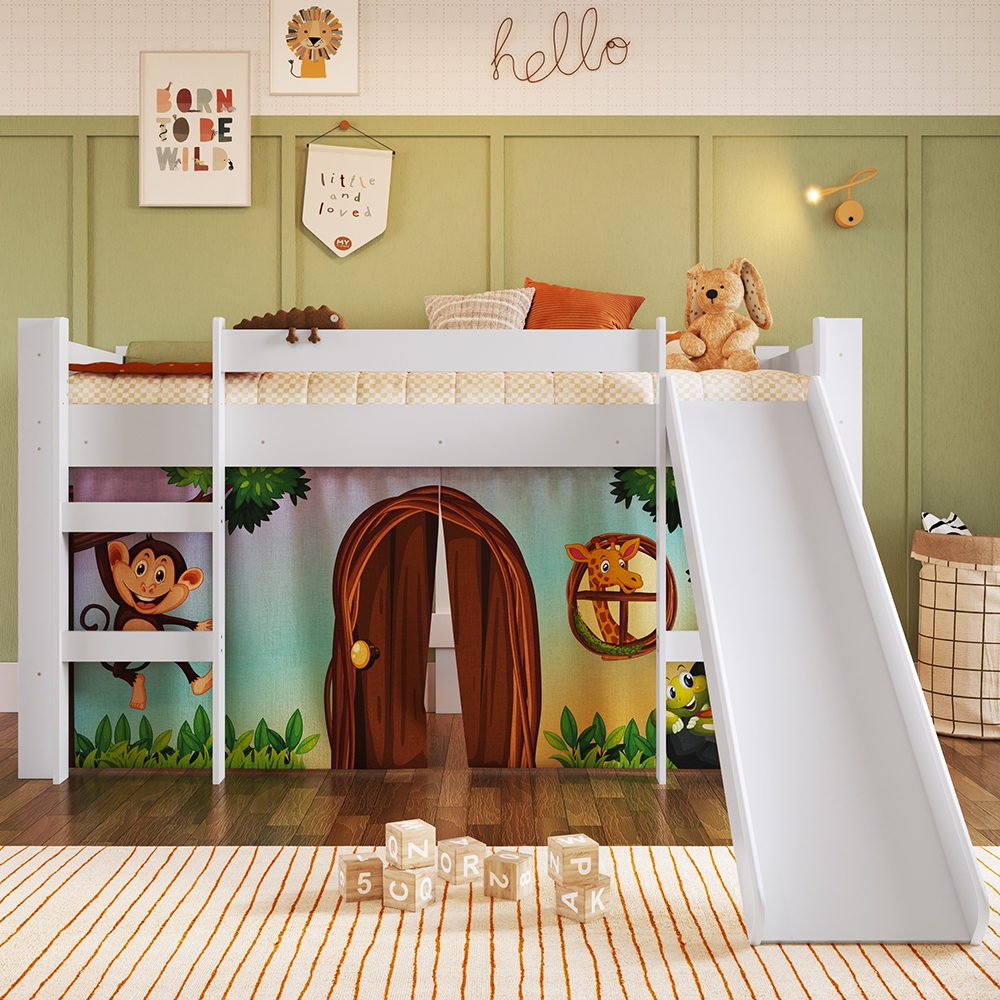 Cama Elevada com Escorregador Branco com Cortina Estampada Zoo 