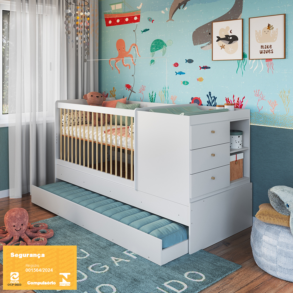 Berço Cama Multifuncional com Auxiliar cor Branco