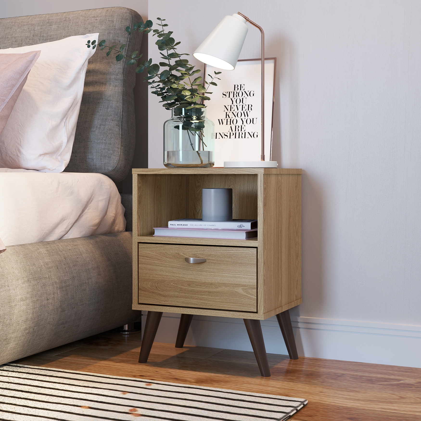 Mesa de Cabeceira com Prateleira e 01 Gaveta Oak